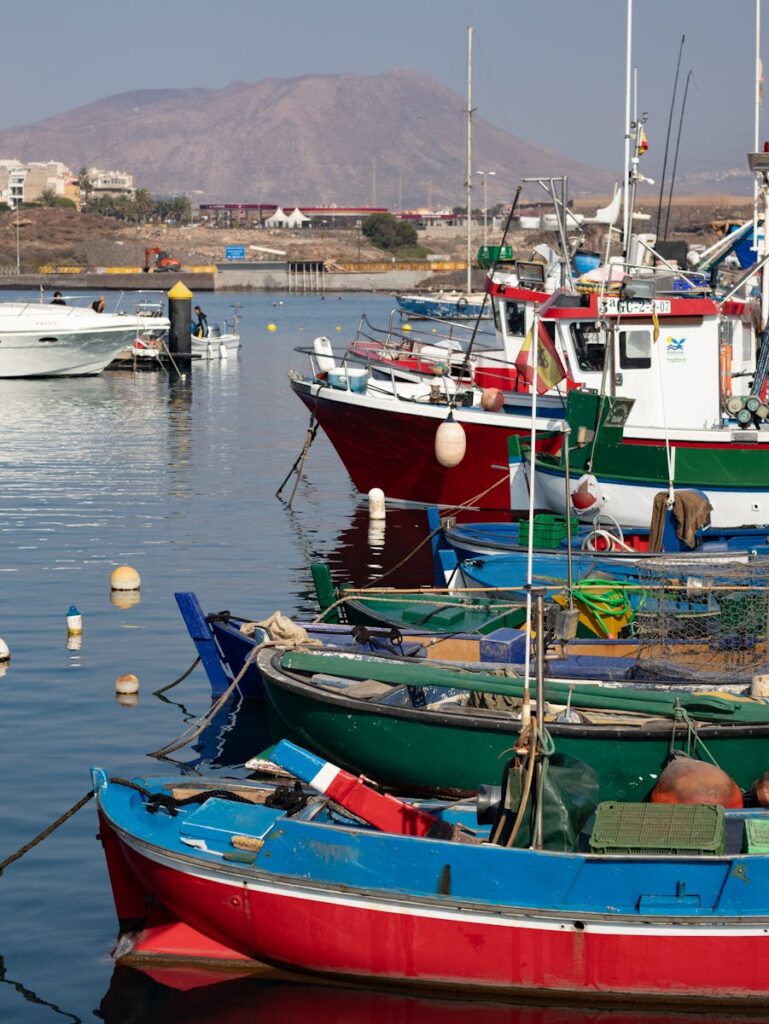 Vibrant fishing boats docked at Las Galletas harbor with a scenic mountain backdrop.