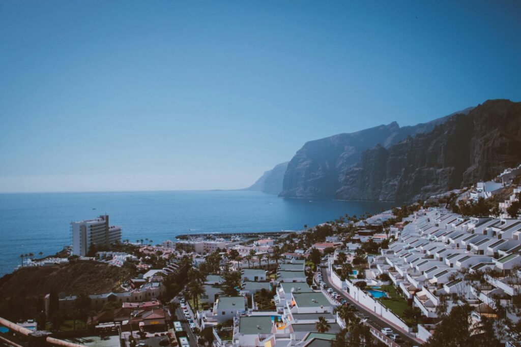 Panoramic view of a coastal town with cliffs and ocean, ideal for travel promotion.