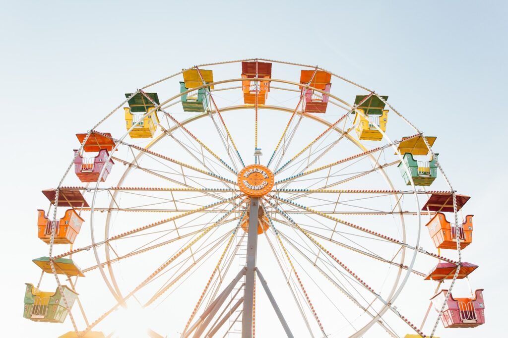 ferris wheel, amusement park, ride, circle, attraction, colorful, fun, ferris wheel, ferris wheel, ferris wheel, ferris wheel, ferris wheel, circle, fun