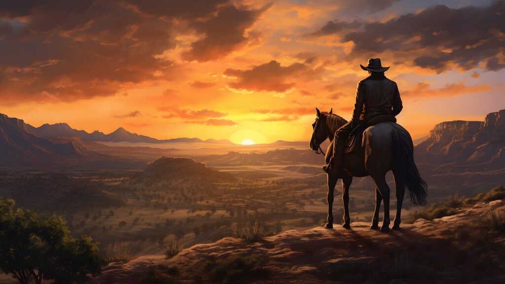 ai generated, cowboy, sunset, western, horse, mountains, scenery, valley, sky, sun, landscape, cowboy, cowboy, cowboy, western, nature, western, western, western, western