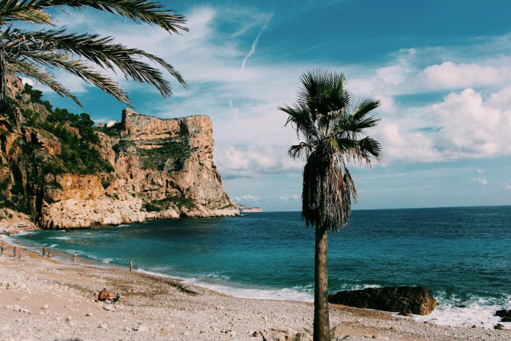 Stunning view of a secluded beach with majestic cliffs and palm trees on a sunny day.