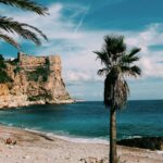 Stunning view of a secluded beach with majestic cliffs and palm trees on a sunny day.