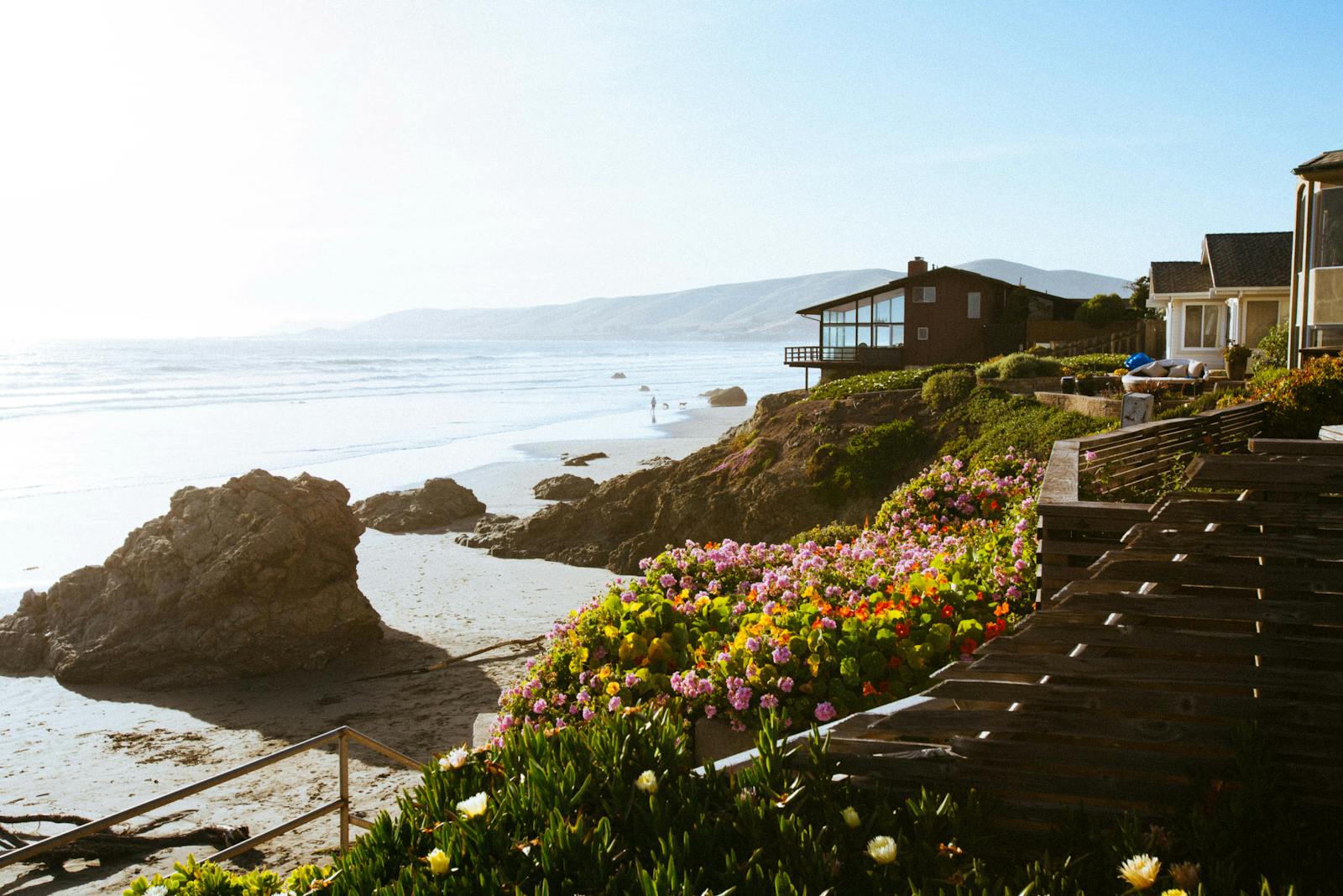 Idyllic Morro Bay coastline with flowers, beach, and houses in sunlight.