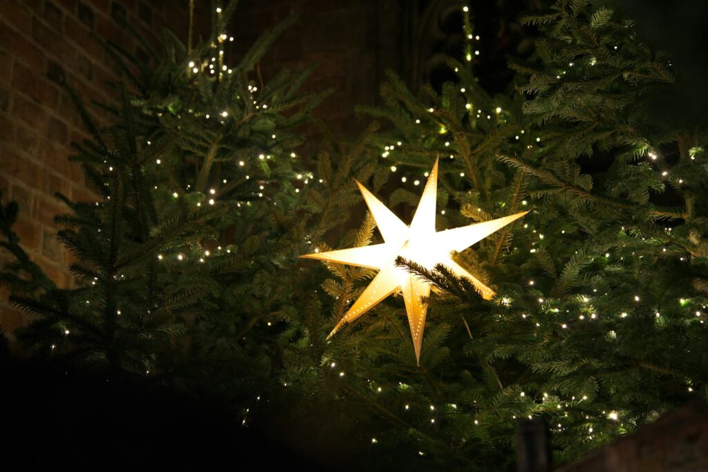 A lighted christmas tree with a star hanging from it